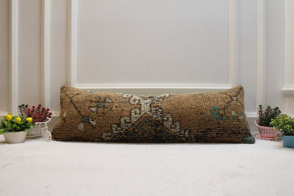 Brown Turkish Rug Lumbar Pillow Cover: Vintage Woven Wool, 12x36 inch