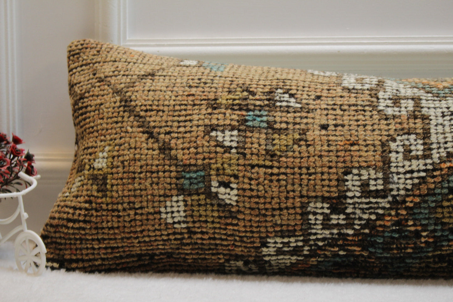 Brown Turkish Rug Lumbar Pillow Cover: Vintage Woven Wool, 12x36 inch
