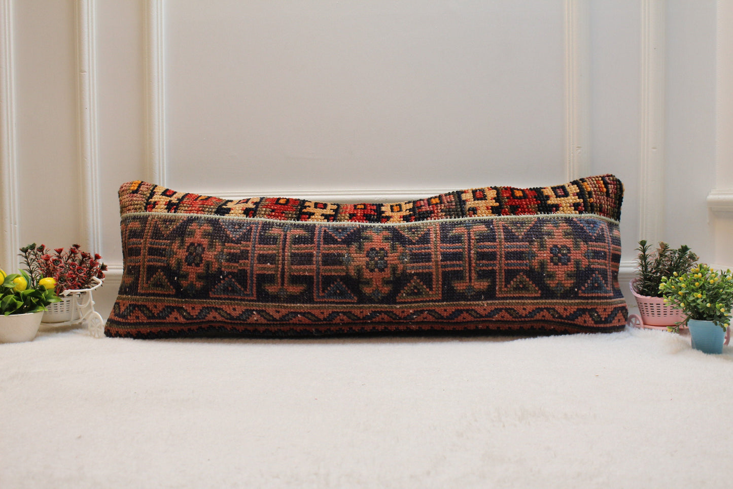 Handmade Turkish Rug Lumbar Pillow Cover: Patchwork Kilim, 12x36 inch