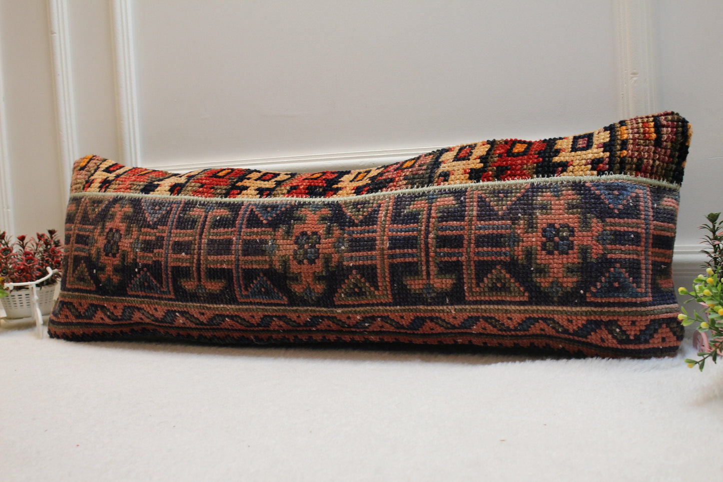 Handmade Turkish Rug Lumbar Pillow Cover: Patchwork Kilim, 12x36 inch