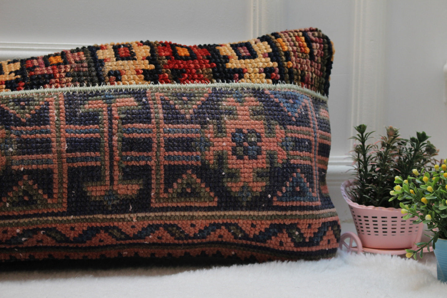Handmade Turkish Rug Lumbar Pillow Cover: Patchwork Kilim, 12x36 inch