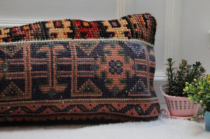 Handmade Turkish Rug Lumbar Pillow Cover: Patchwork Kilim, 12x36 inch