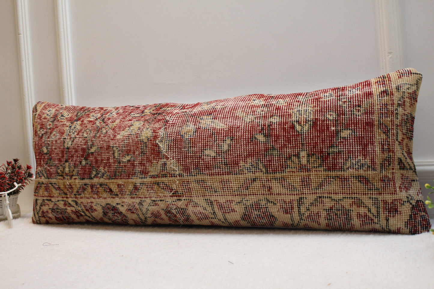Handmade Red Kilim Pillow Cover: Upcycled Woven Rug, 12x36 inch