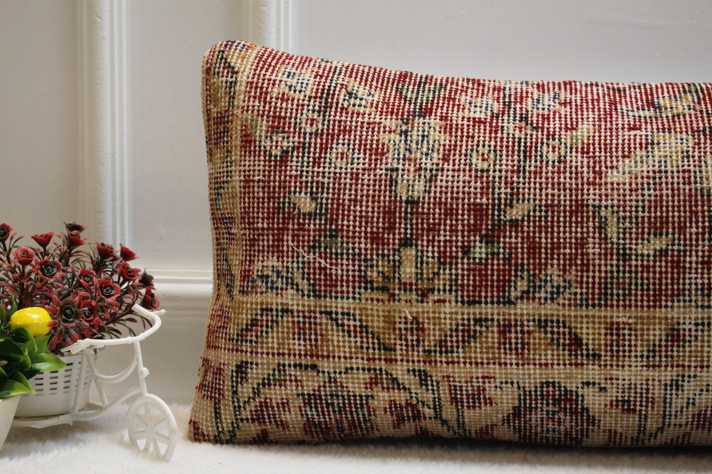 Handmade Red Kilim Pillow Cover: Upcycled Woven Rug, 12x36 inch