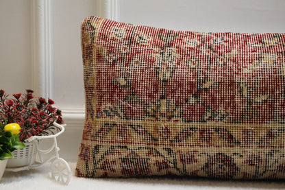 Handmade Red Kilim Pillow Cover: Upcycled Woven Rug, 12x36 inch