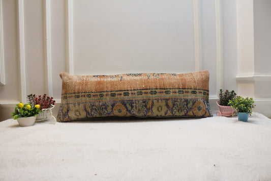 Wool Lumbar Pillow Cover: Turkish Rug Design, Orange Beige Blue (12x36 in)
