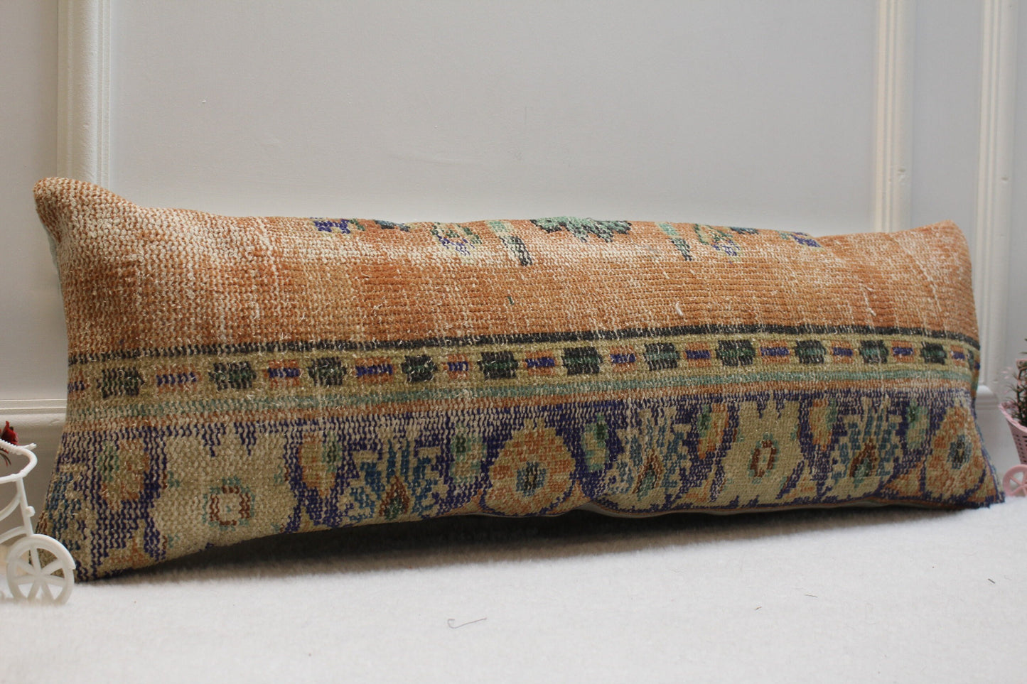 Wool Lumbar Pillow Cover: Turkish Rug Design, Orange Beige Blue (12x36 in)