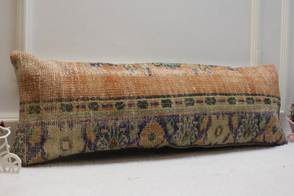 Wool Lumbar Pillow Cover: Turkish Rug Design, Orange Beige Blue (12x36 in)