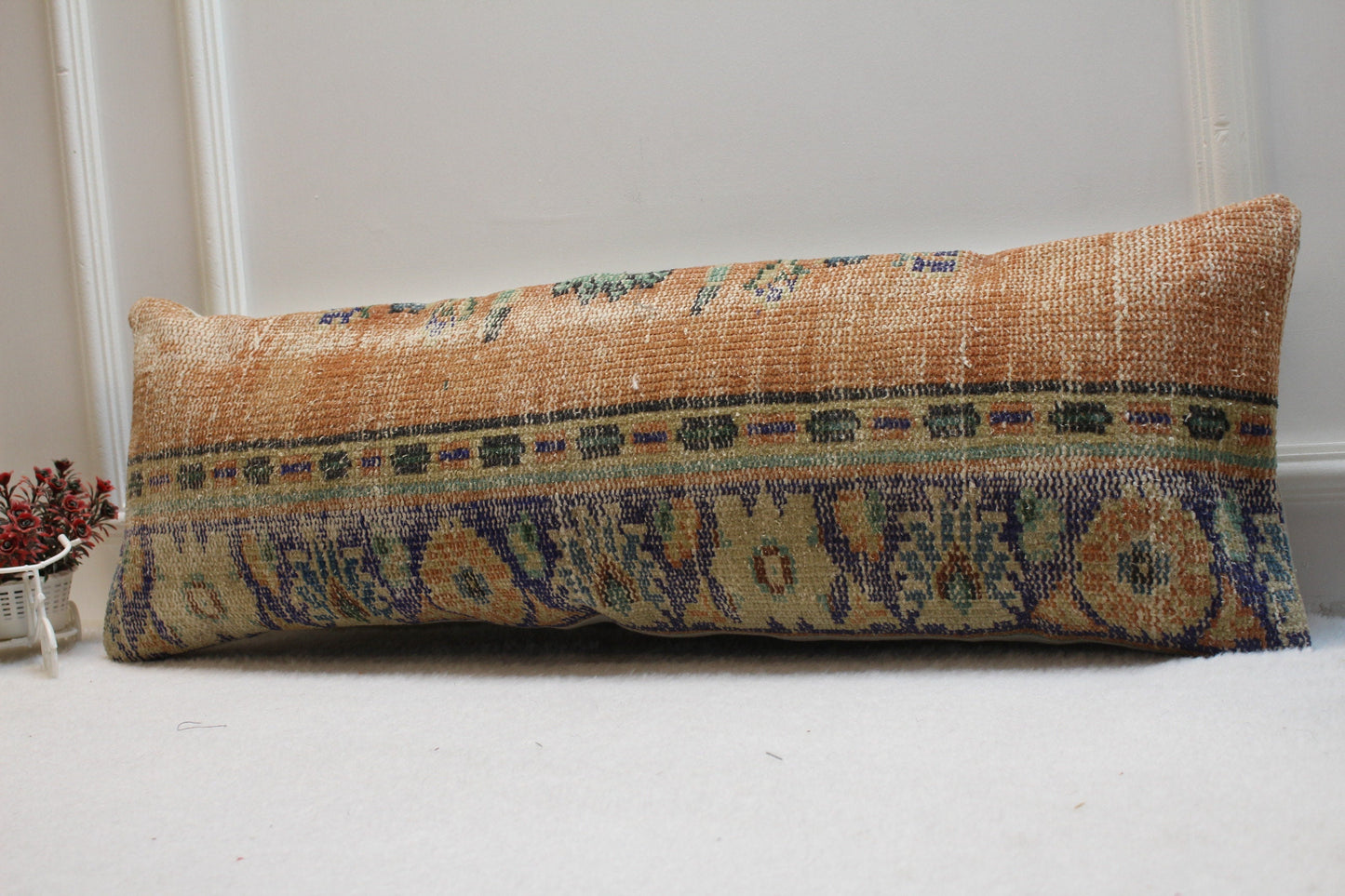 Wool Lumbar Pillow Cover: Turkish Rug Design, Orange Beige Blue (12x36 in)