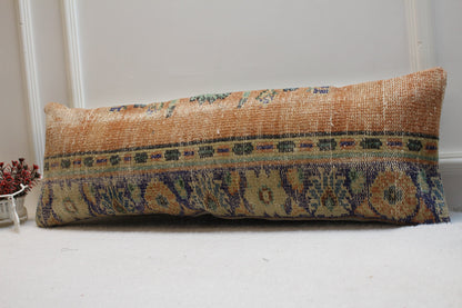 Wool Lumbar Pillow Cover: Turkish Rug Design, Orange Beige Blue (12x36 in)