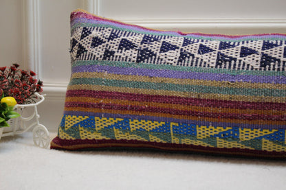 Geometric Kilim Lumbar Pillow Cover: Rainbow Woven Wool, 12x36 inch