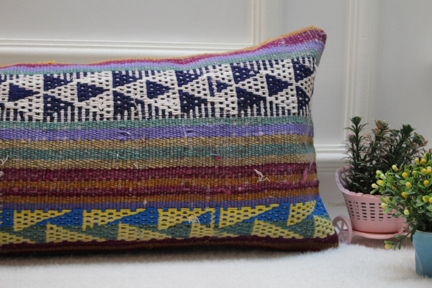 Geometric Kilim Lumbar Pillow Cover: Rainbow Woven Wool, 12x36 inch