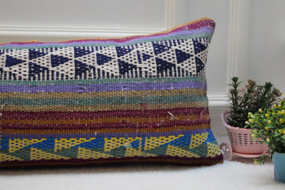 Geometric Kilim Lumbar Pillow Cover: Rainbow Woven Wool, 12x36 inch