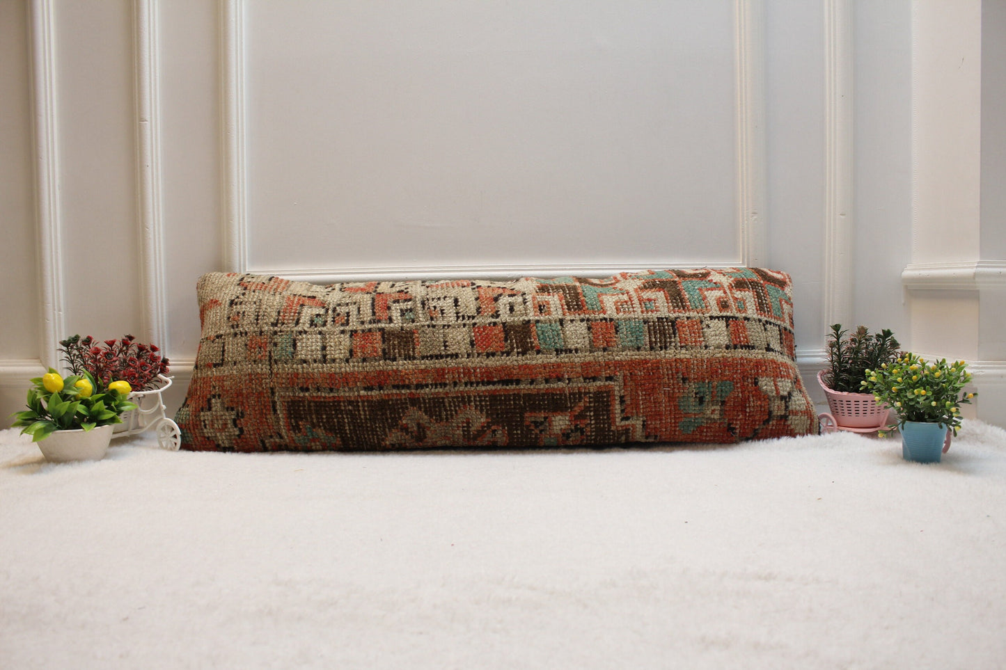 Geometric Turkish Rug Lumbar Pillow Cover: 12x36 inc, Upcycled Wool
