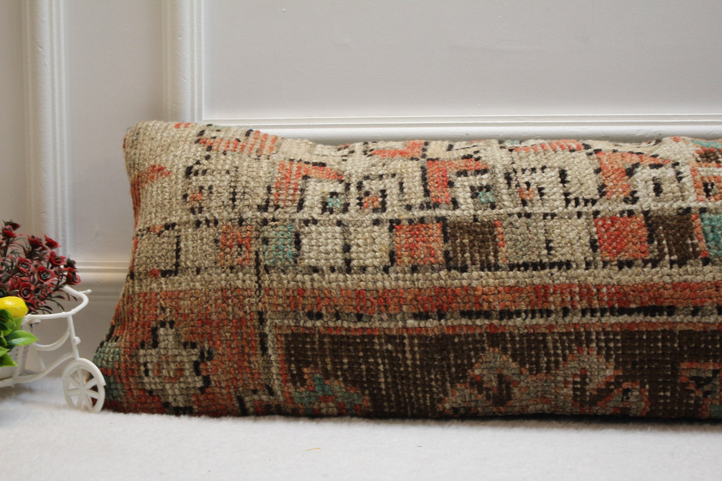 Geometric Turkish Rug Lumbar Pillow Cover: 12x36 inc, Upcycled Wool