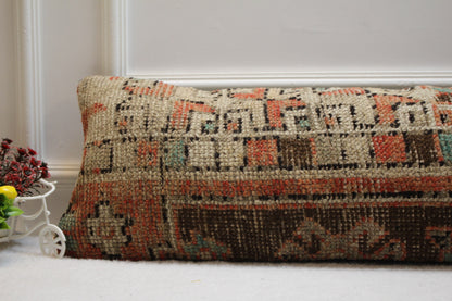Geometric Turkish Rug Lumbar Pillow Cover: 12x36 inc, Upcycled Wool