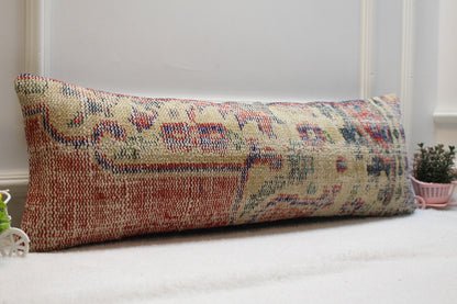 Handmade Kilim Pillow Cover: Upcycled Turkish Wool Lumbar Pillow (12x36 in)
