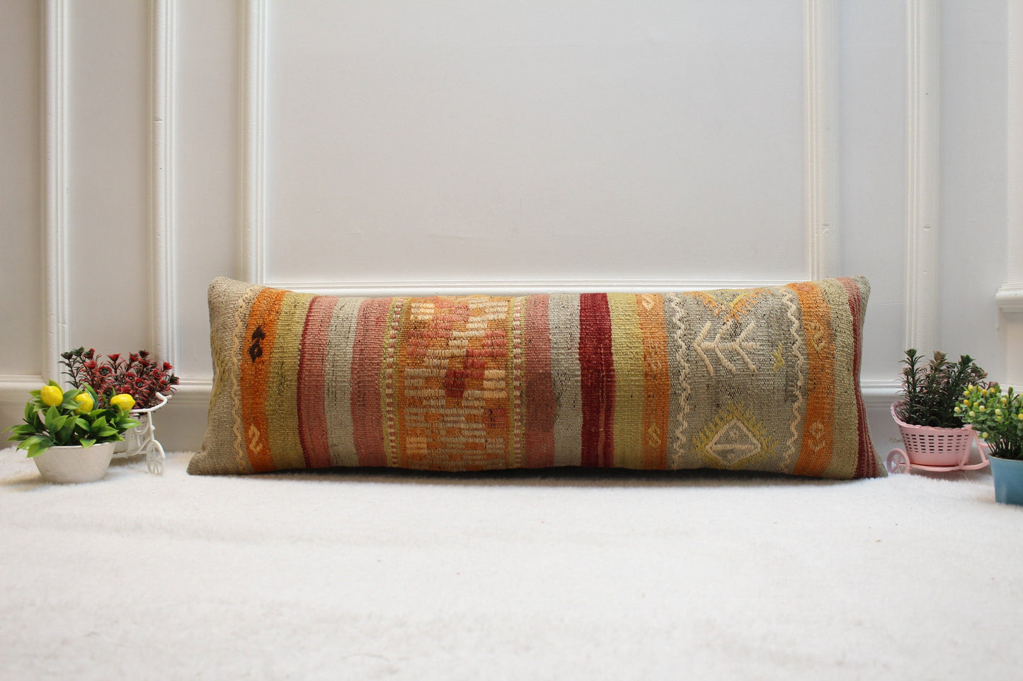 Handmade Kilim Lumbar Pillow Cover: Geometric Rainbow Woven Rug