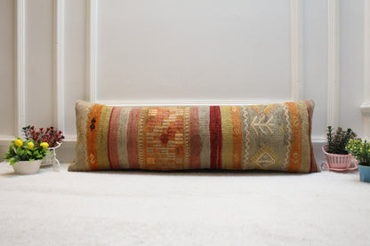 Handmade Kilim Lumbar Pillow Cover: Geometric Rainbow Woven Rug