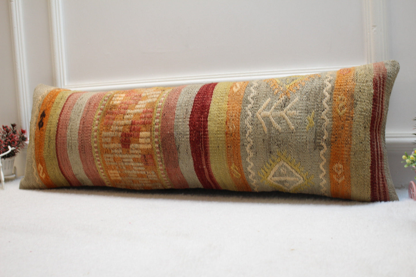 Handmade Kilim Lumbar Pillow Cover: Geometric Rainbow Woven Rug