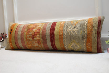 Handmade Kilim Lumbar Pillow Cover: Geometric Rainbow Woven Rug