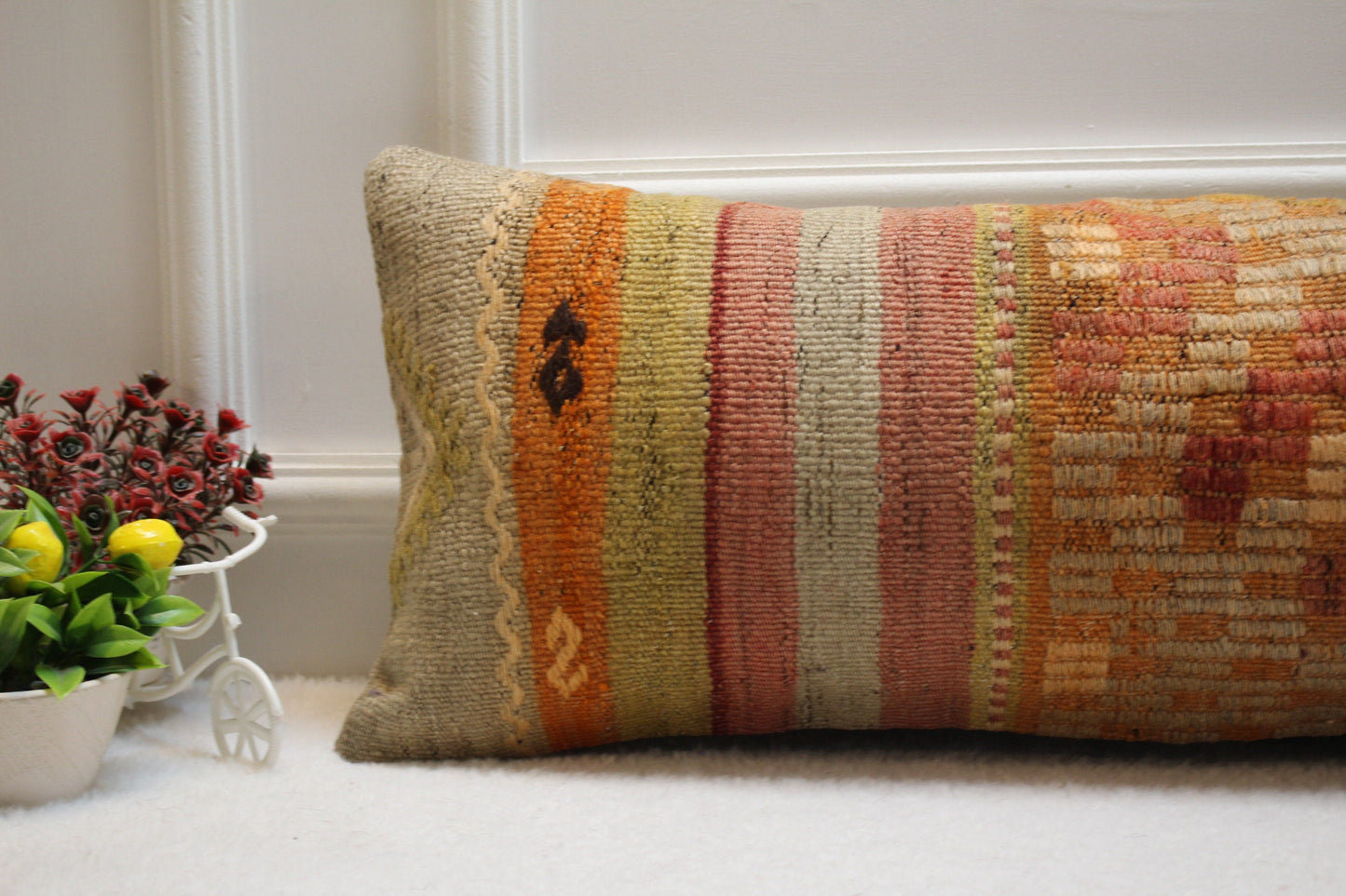Handmade Kilim Lumbar Pillow Cover: Geometric Rainbow Woven Rug