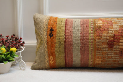 Handmade Kilim Lumbar Pillow Cover: Geometric Rainbow Woven Rug