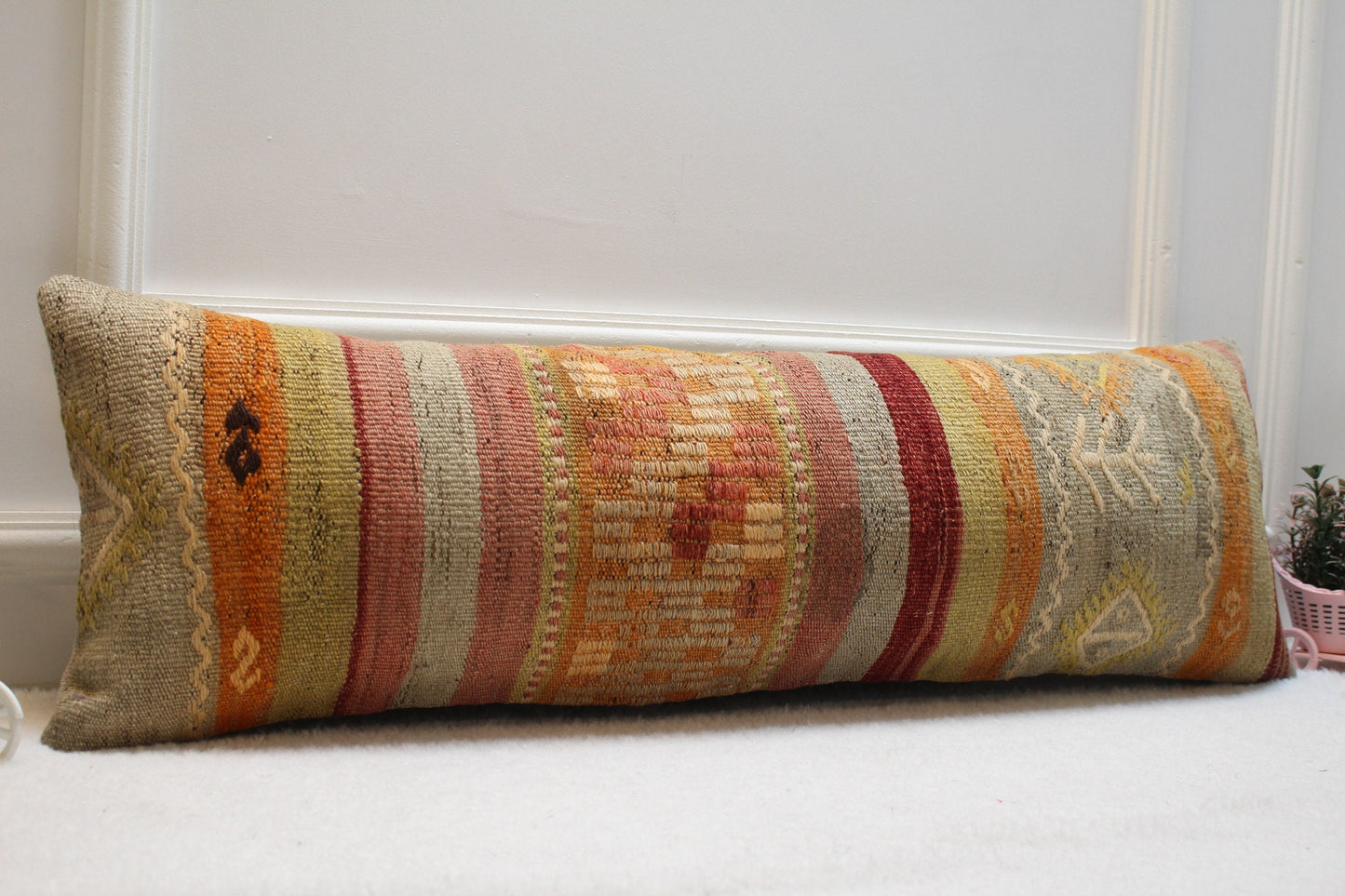 Handmade Kilim Lumbar Pillow Cover: Geometric Rainbow Woven Rug