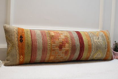 Handmade Kilim Lumbar Pillow Cover: Geometric Rainbow Woven Rug