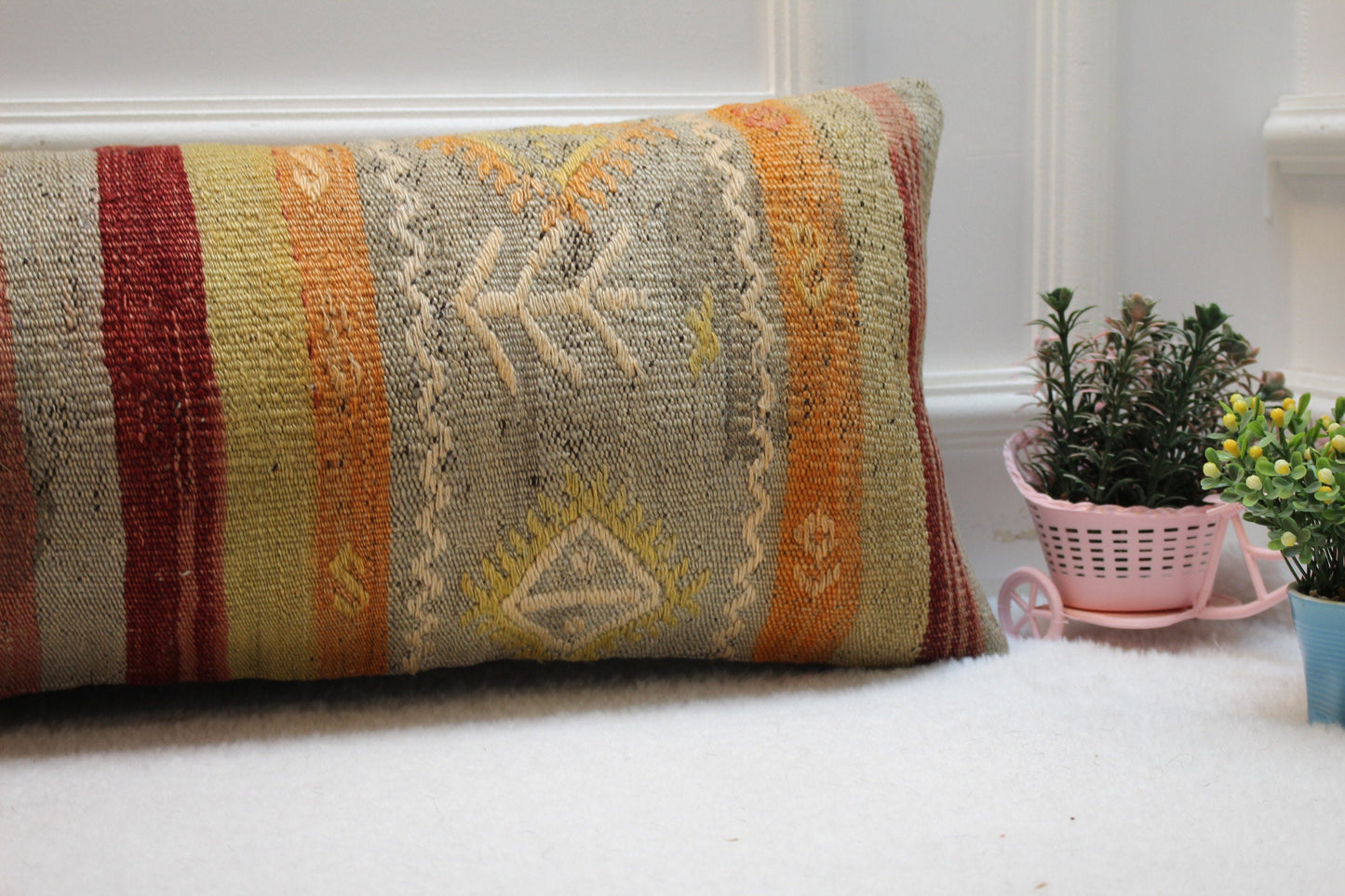 Handmade Kilim Lumbar Pillow Cover: Geometric Rainbow Woven Rug