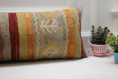 Handmade Kilim Lumbar Pillow Cover: Geometric Rainbow Woven Rug