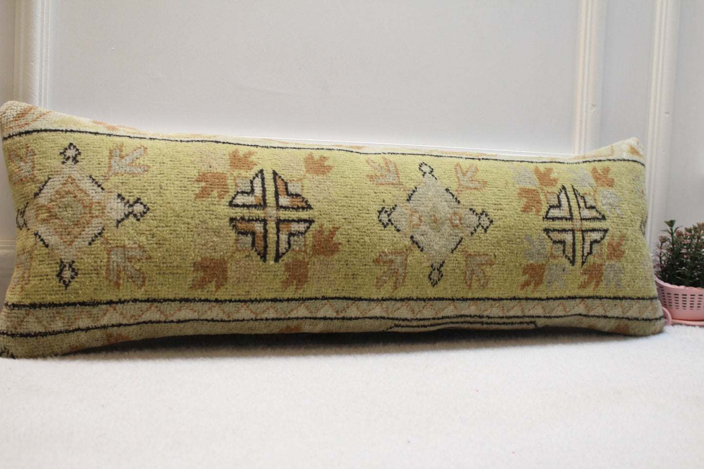 Handmade Turkish Rug Lumbar Pillow Cover: Geometric Boho Decor (12x36 inc)