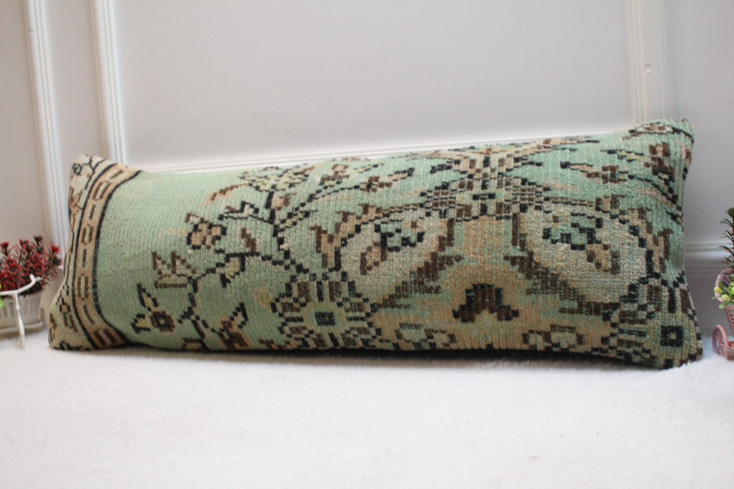 Green Floral Turkish Rug Pillow: Vintage Lumbar Pillow Cover (12x36 inc)