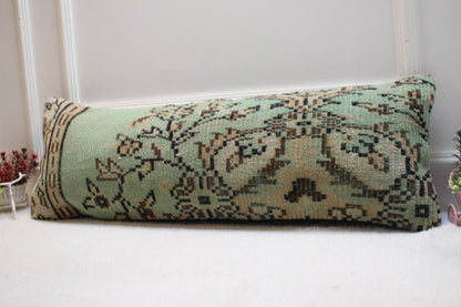 Green Floral Turkish Rug Pillow: Vintage Lumbar Pillow Cover (12x36 inc)