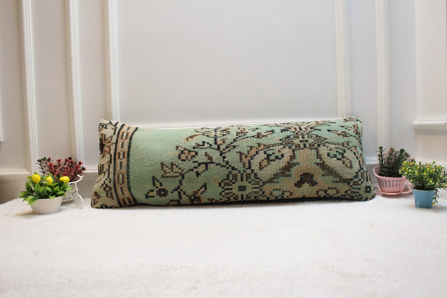 Green Floral Turkish Rug Pillow: Vintage Lumbar Pillow Cover (12x36 inc)
