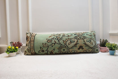 Green Floral Turkish Rug Pillow: Vintage Lumbar Pillow Cover (12x36 inc)