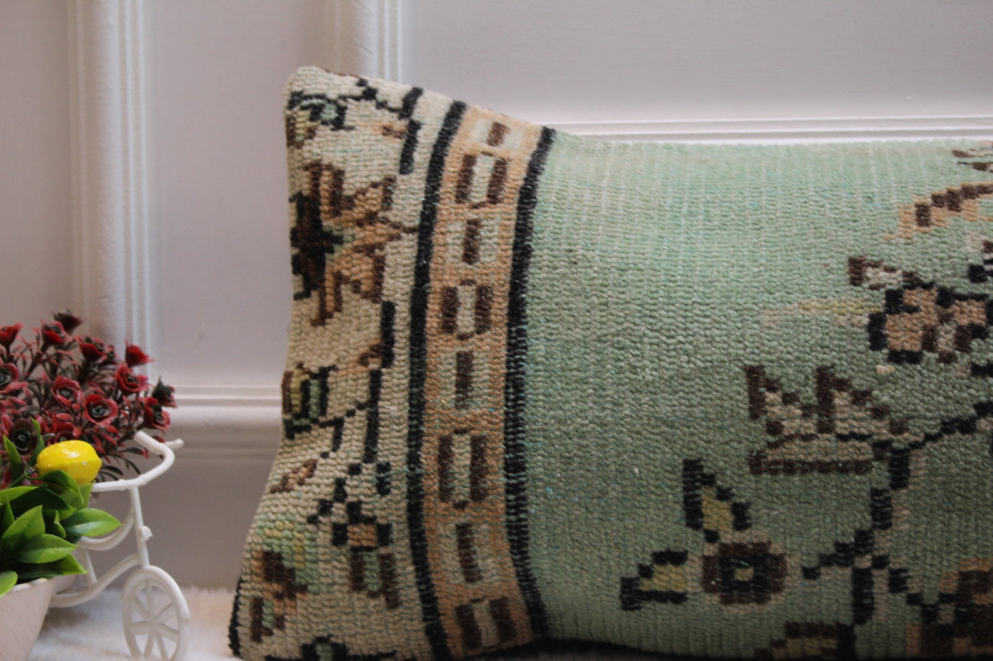 Green Floral Turkish Rug Pillow: Vintage Lumbar Pillow Cover (12x36 inc)