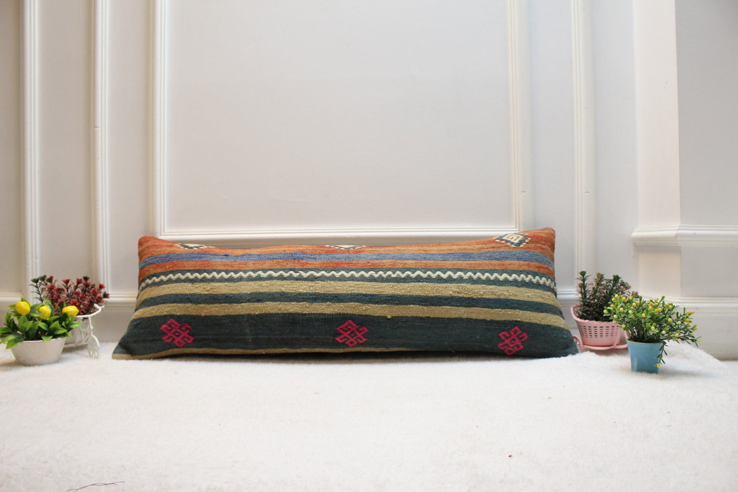 Striped Turkish Kilim Lumbar Pillow Cover: Organic Wool, 12x36