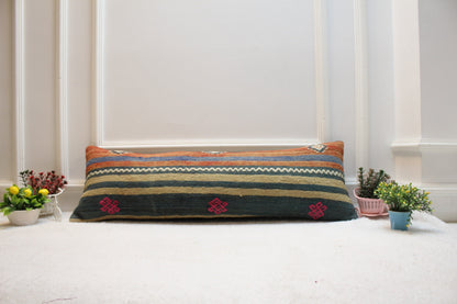 Striped Turkish Kilim Lumbar Pillow Cover: Organic Wool, 12x36