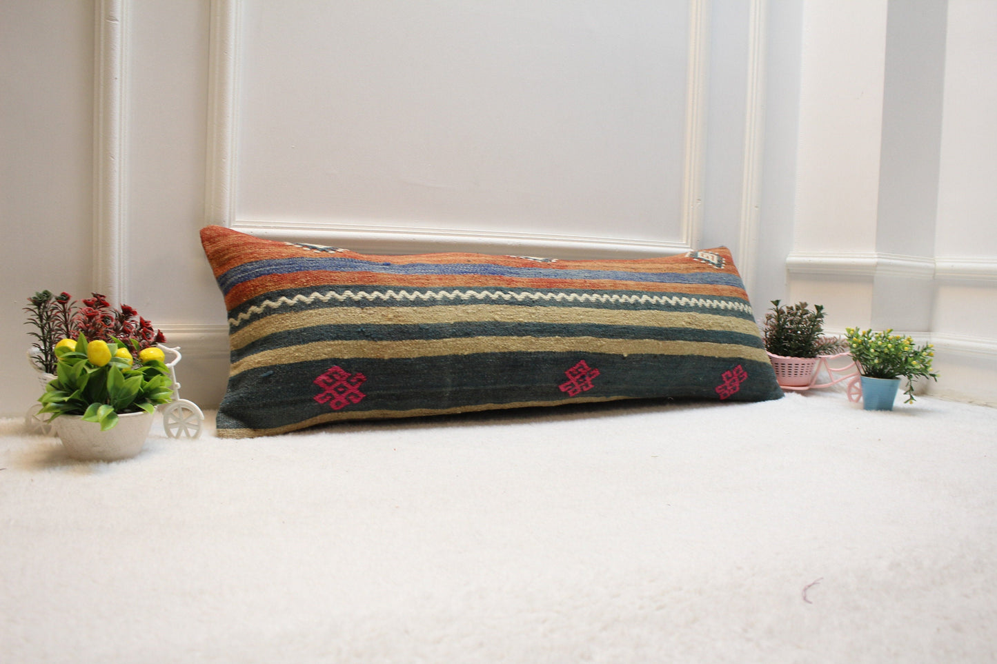 Striped Turkish Kilim Lumbar Pillow Cover: Organic Wool, 12x36