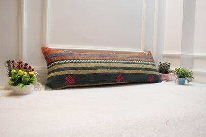 Striped Turkish Kilim Lumbar Pillow Cover: Organic Wool, 12x36