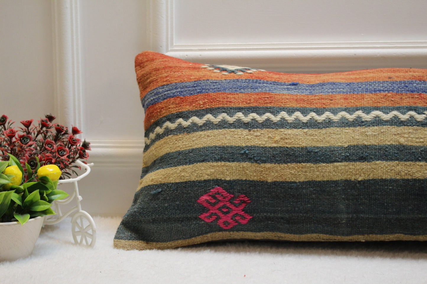 Striped Turkish Kilim Lumbar Pillow Cover: Organic Wool, 12x36
