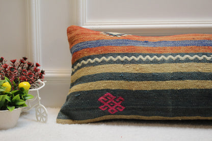 Striped Turkish Kilim Lumbar Pillow Cover: Organic Wool, 12x36