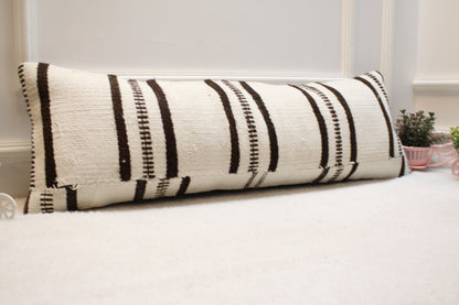 Handmade Kilim Lumbar Pillow Cover: Black & White Striped Woven Rug (12x36 in)