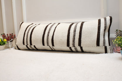 Handmade Kilim Lumbar Pillow Cover: Black & White Striped Woven Rug (12x36 in)