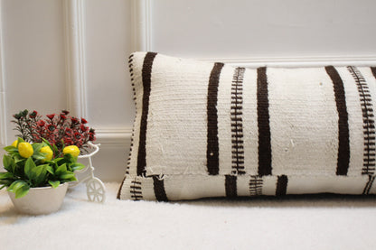 Handmade Kilim Lumbar Pillow Cover: Black & White Striped Woven Rug (12x36 in)