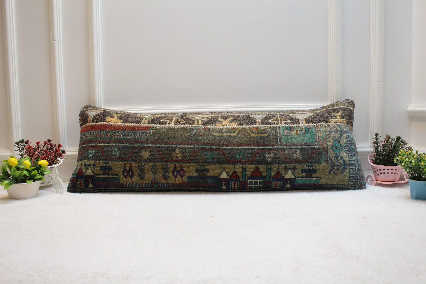 Handmade Turkish Rug Pillow Cover: Upcycled Kilim Lumbar Pillow (12x36 inc.)