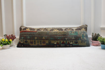 Handmade Turkish Rug Pillow Cover: Upcycled Kilim Lumbar Pillow (12x36 inc.)