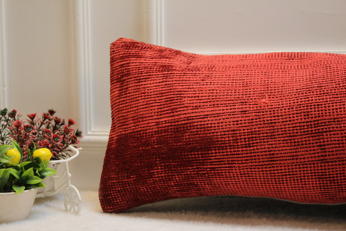 Handmade Red Kilim Lumbar Pillow Cover: Upcycled Woven Rug, 12x36 in