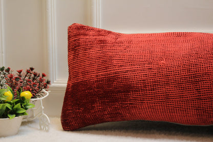 Handmade Red Kilim Lumbar Pillow Cover: Upcycled Woven Rug, 12x36 in